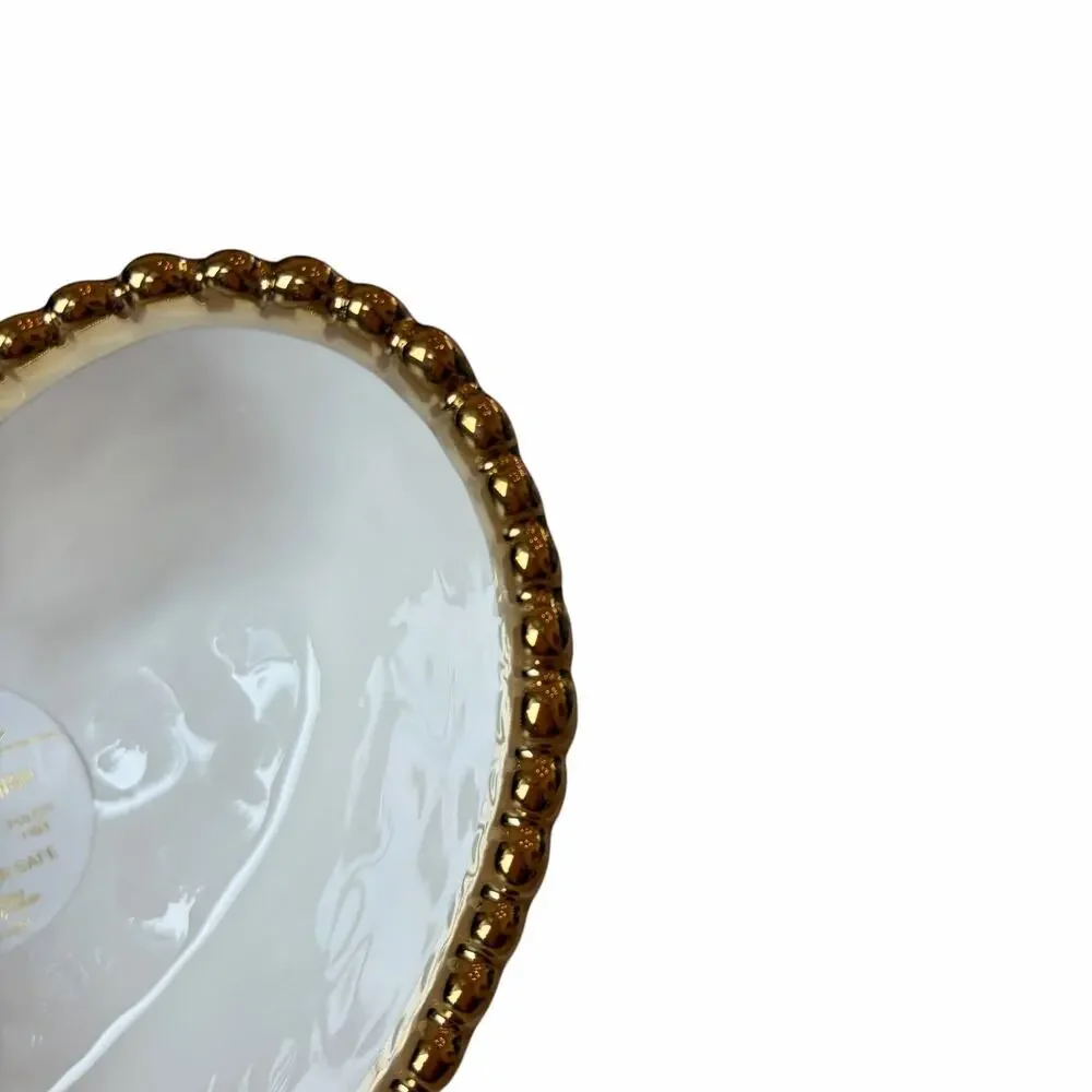 White Heart Shaped Serving Bowl 6in Ceramic w/ Gold Beaded Rim NEW